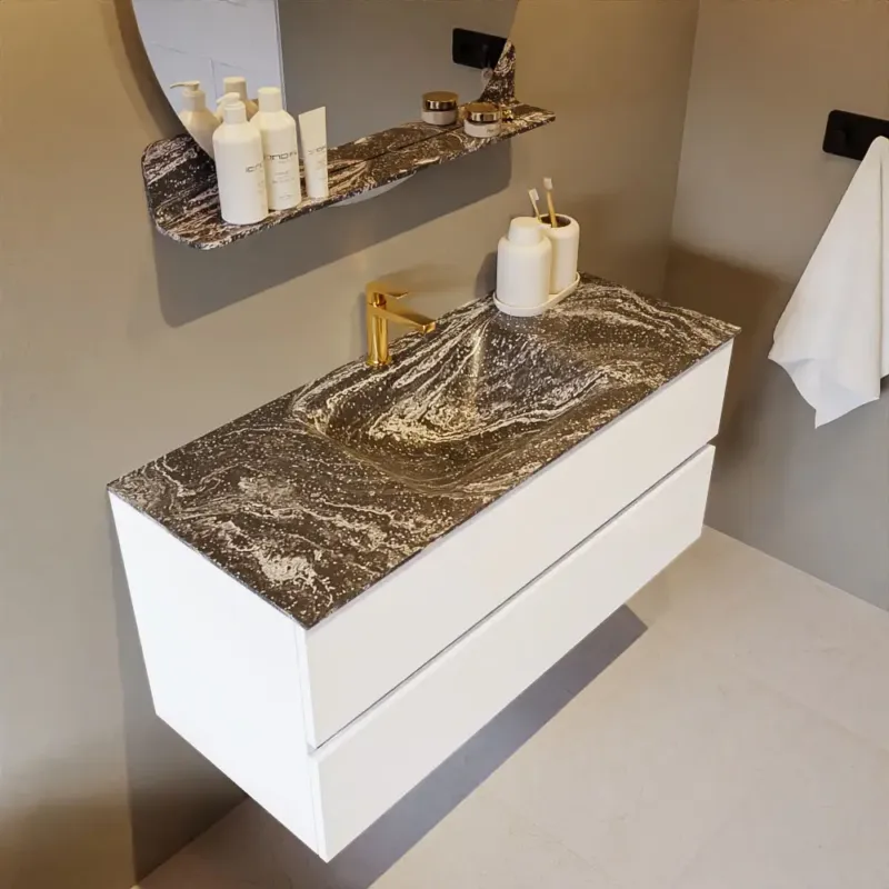 Actieprijs Mondiaz Vica DLux badmeubel 110cm talc 2 lades met wastafel lava midden 1 kraangat