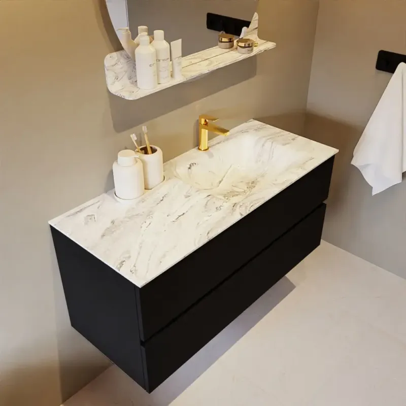Mondiaz Vica DLux badmeubel 110cm urban 2 lades met wastafel glace rechts 1 kraangat Dagaanbieding