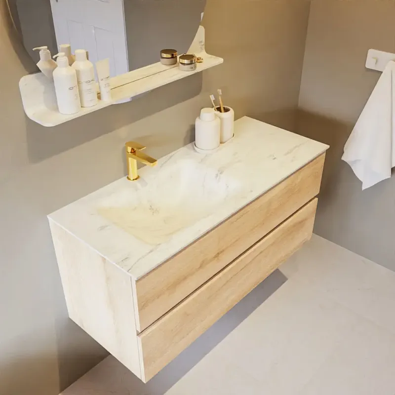 Koop Vandaag Mondiaz Vica DLux badmeubel 110cm washed oak 2 lades met wastafel opalo links 1 kraangat