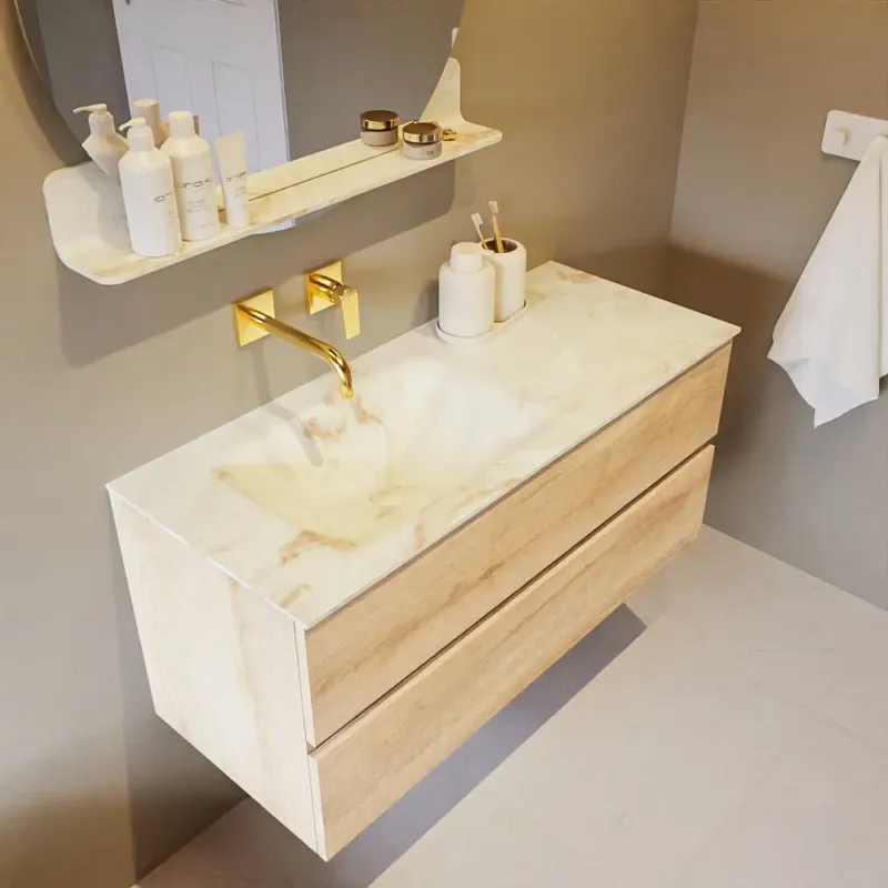 Finale Uitverkoop Mondiaz Vica DLux badmeubel 110cm washed oak 2 lades met wastafel frappe links zonder kraangat