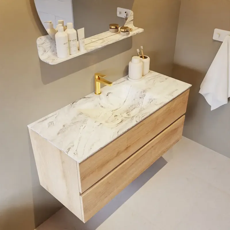 Mondiaz Vica DLux badmeubel 110cm washed oak 2 lades met wastafel glace midden 1 kraangat Aanbieding