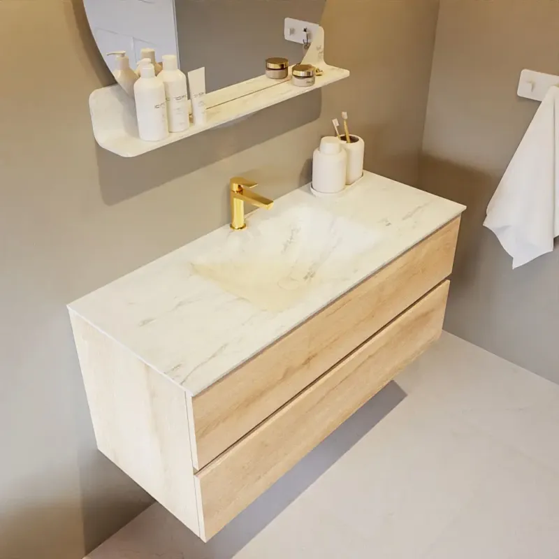 Koopje Mondiaz Vica DLux badmeubel 110cm washed oak 2 lades met wastafel opalo midden 1 kraangat