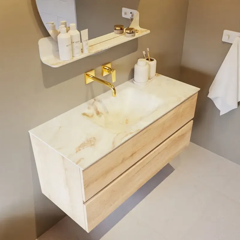 Korting Mondiaz Vica DLux badmeubel 110cm washed oak 2 lades met wastafel frappe midden zonder kraangat