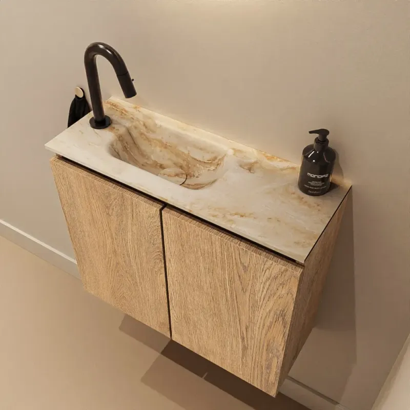 Tijdelijk Beschikbaar Mondiaz Ture DLux toiletmeubel 60cm washed oak met wastafel frappe links met kraangat
