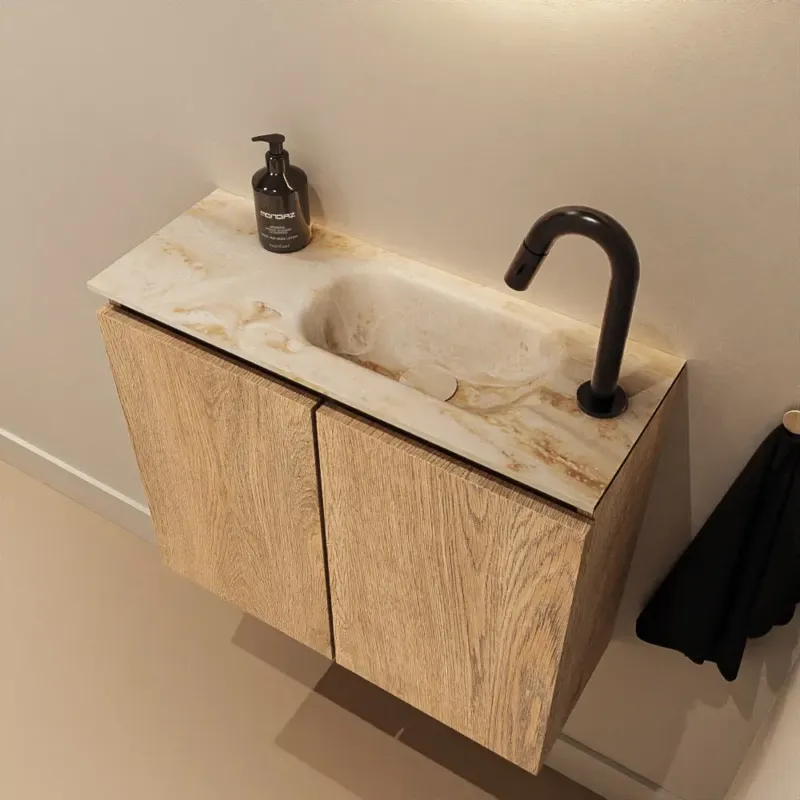 Voordeelprijs Mondiaz Ture DLux toiletmeubel 60cm washed oak met wastafel frappe rechts met kraangat