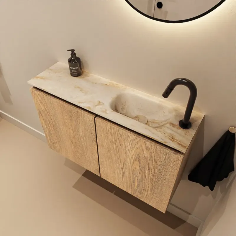Mondiaz Ture DLux toiletmeubel 80cm washed oak met wastafel frappe rechts met kraangat Beperkte Voorraad