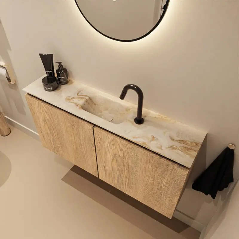 Snelle Levering Mondiaz Ture DLux toiletmeubel 100cm washed oak met wastafel frappe midden met kraangat