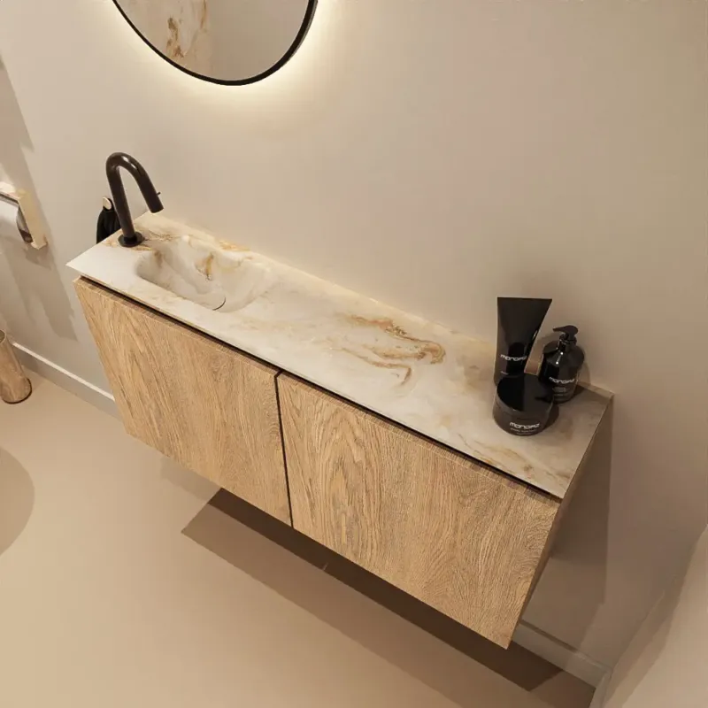 Mondiaz Ture DLux toiletmeubel 100cm washed oak met wastafel frappe links met kraangat Speciale Aanbieding