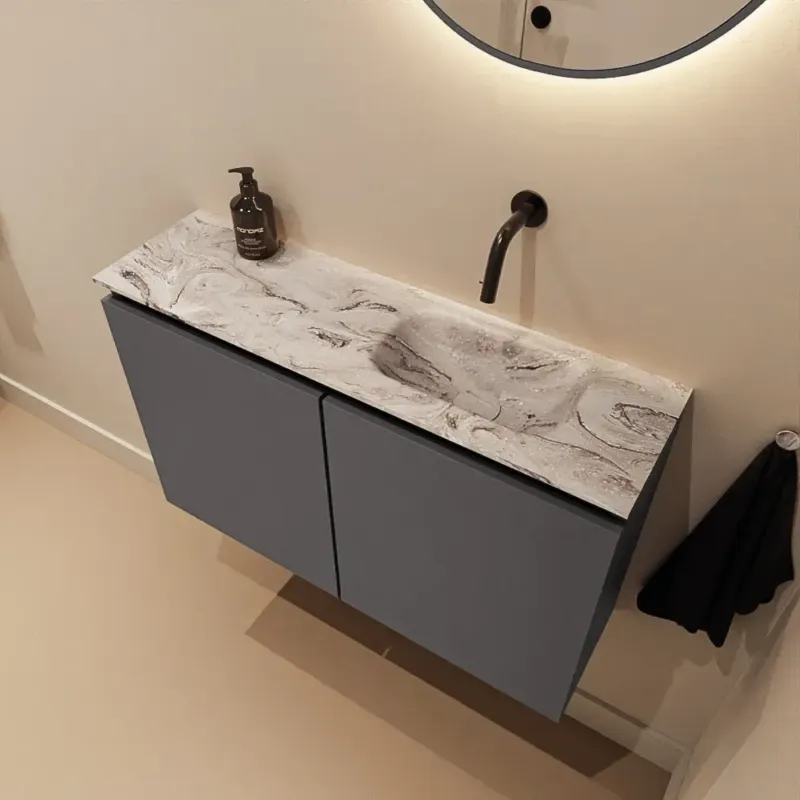 Voordeelprijs Mondiaz Ture DLux toiletmeubel 80cm dark grey met wastafel glace rechts zonder kraangat