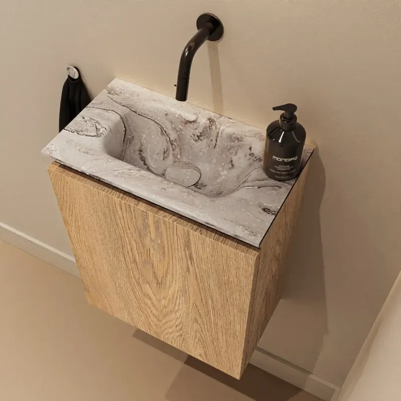 Voordeelprijs Mondiaz Ture DLux toiletmeubel 40cm washed oak met wastafel glace midden zonder kraangat