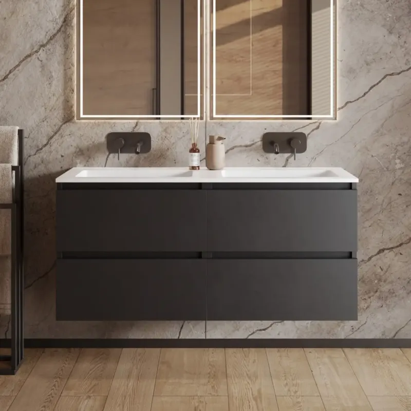 Rechtstreeks Van De Fabrikant Fontana Cosmos badmeubel 120cm met dubbele wastafel zonder kraangaten zwart mat