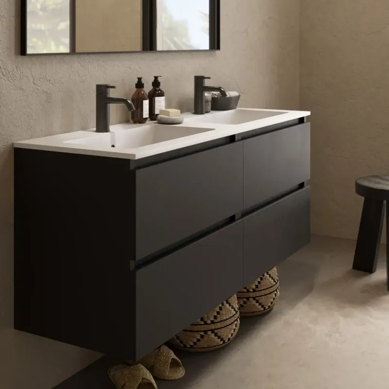Snelle Levering Fontana Cosmos badmeubel 120cm met dubbele wastafel en kraangaten zwart mat