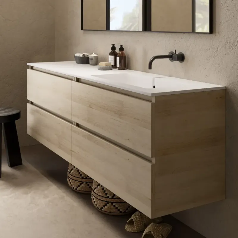 Lage Kosten Fontana Cosmos badmeubel 160cm met wastafel rechts zonder kraangat beach eiken