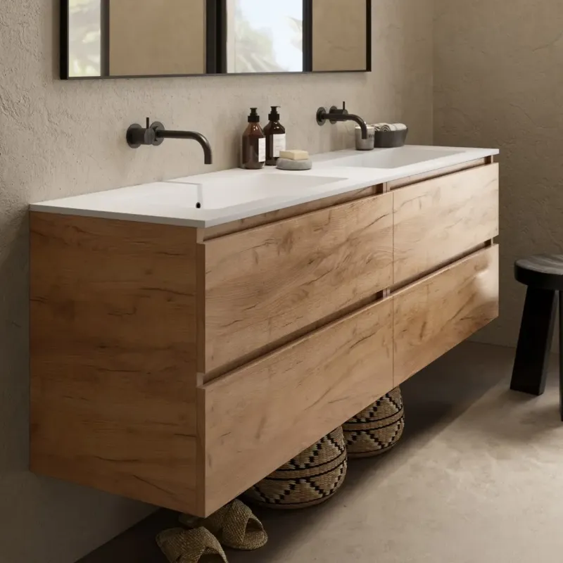 Fontana Cosmos badmeubel 160cm met dubbele wastafel zonder kraangaten warm eiken Merkproduct