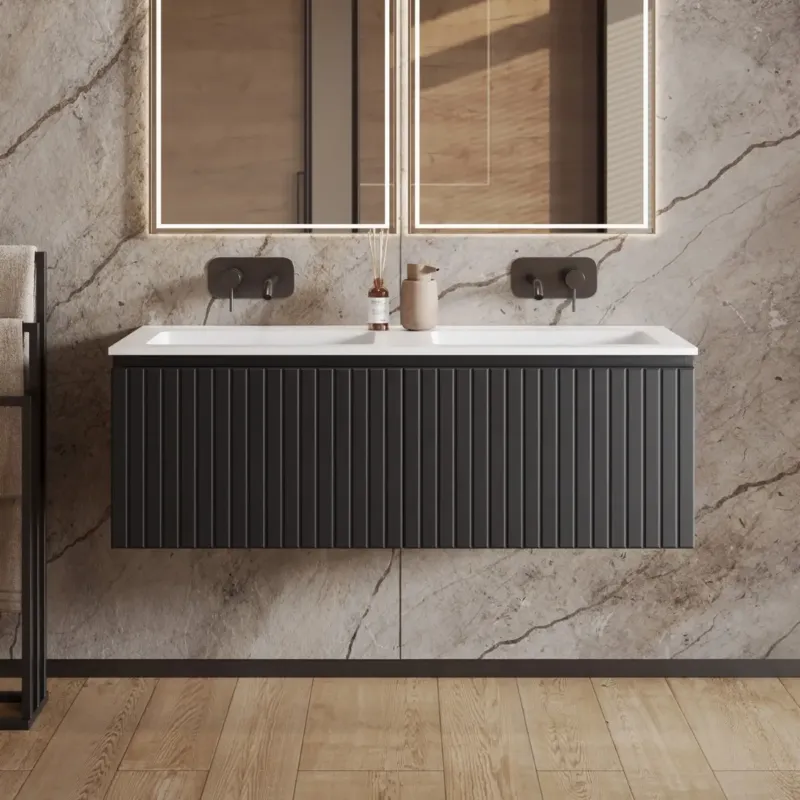 Shop Nu Fontana Astro badmeubel ribbelfront 120cm met dubbele wastafel zonder kraangaten zwart mat