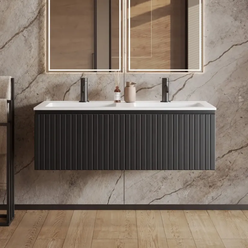Fontana Astro badmeubel ribbelfront 120cm met dubbele wastafel met kraangaten zwart mat Gecertificeerd