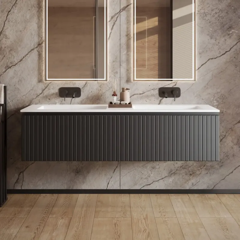 Exclusieve Aanbieding Fontana Astro badmeubel ribbelfront 160cm met dubbele wastafel zonder kraangaten zwart mat