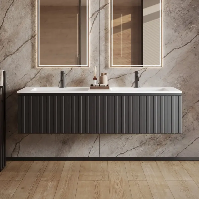 Flitsaanbieding Fontana Astro badmeubel ribbelfront 160cm met dubbele wastafel met kraangaten zwart mat