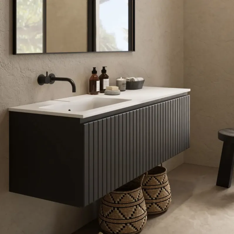 Flitsaanbieding Fontana Astro badmeubel ribbelfront 120cm met wastafel links zonder kraangat zwart mat