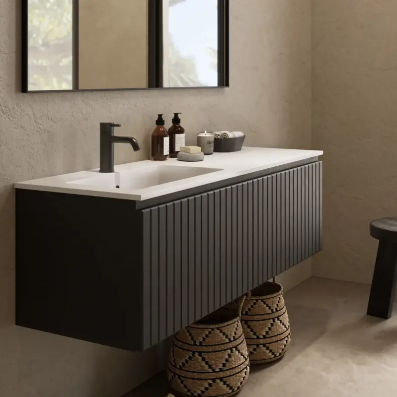 Fontana Astro badmeubel ribbelfront 120cm met wastafel links met kraangat zwart mat Laatste Kans