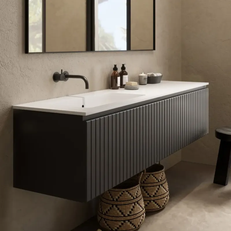 Fontana Astro badmeubel ribbelfront 160cm met wastafel links zonder kraangat zwart mat Dagaanbieding