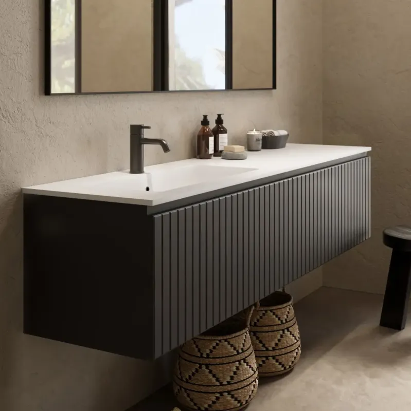 Nieuw Fontana Astro badmeubel ribbelfront 160cm met wastafel links met kraangat zwart mat