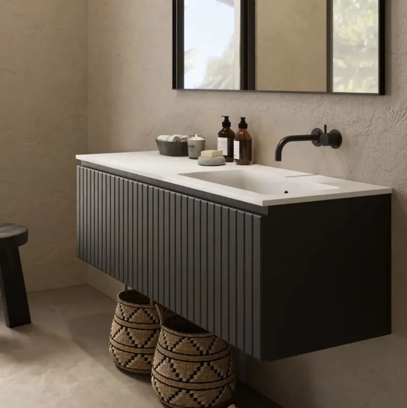Fontana Astro badmeubel ribbelfront 120cm met wastafel rechts zonder kraangat zwart mat Meest Verkocht