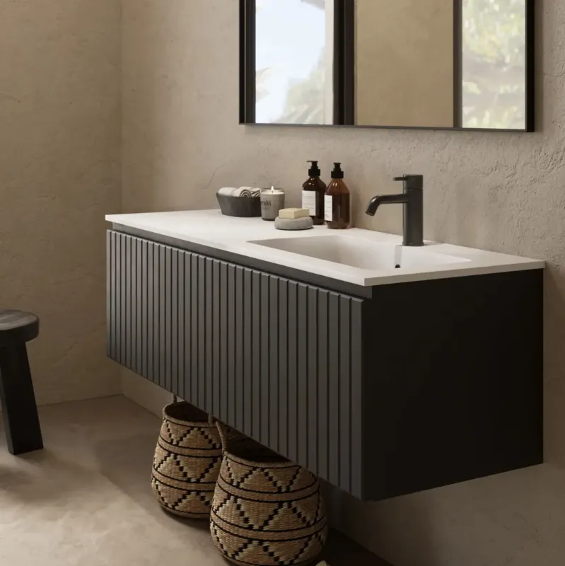 Fontana Astro badmeubel ribbelfront 120cm met wastafel rechts met kraangat zwart mat Flitsaanbieding