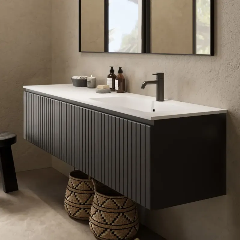 Actieprijs Fontana Astro badmeubel ribbelfront 160cm met wastafel rechts met kraangat zwart mat