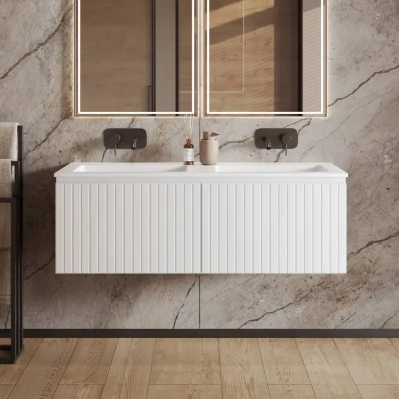 Laatste Kans Fontana Astro badmeubel ribbelfront 120cm met dubbele wastafel zonder kraangaten wit mat