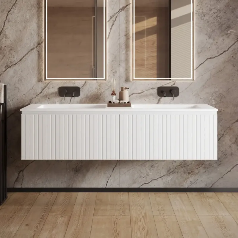 Fabrieksprijs Fontana Astro badmeubel ribbelfront 160cm met dubbele wastafel zonder kraangaten wit mat