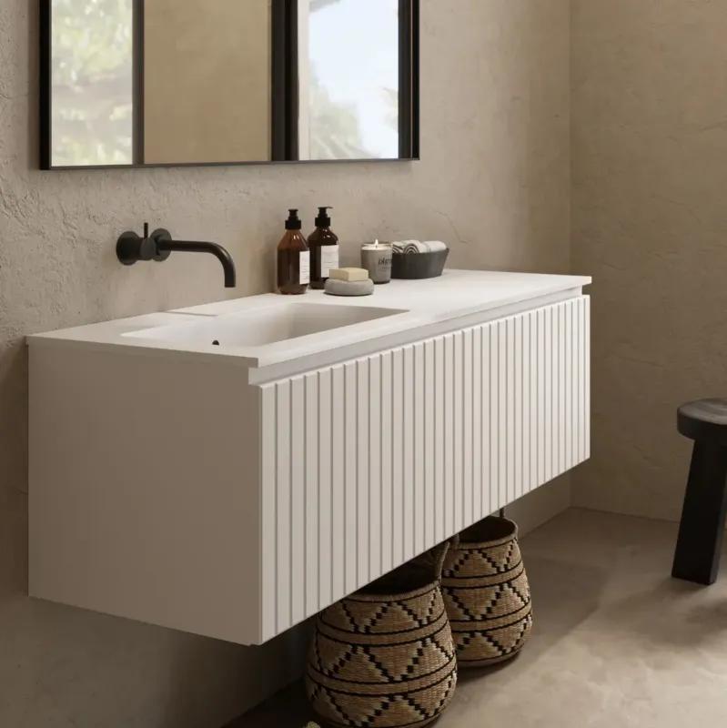 Fontana Astro badmeubel ribbelfront 120cm met wastafel links zonder kraangat wit mat Exclusieve Aanbieding