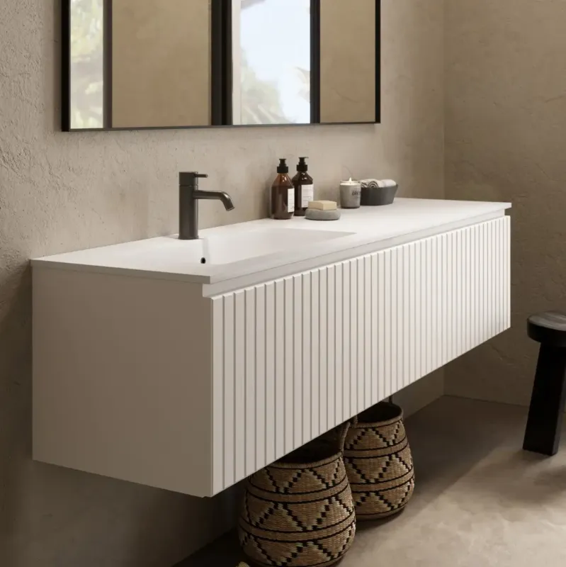 Fontana Astro badmeubel ribbelfront 160cm met wastafel links met kraangat wit mat Lage Prijs