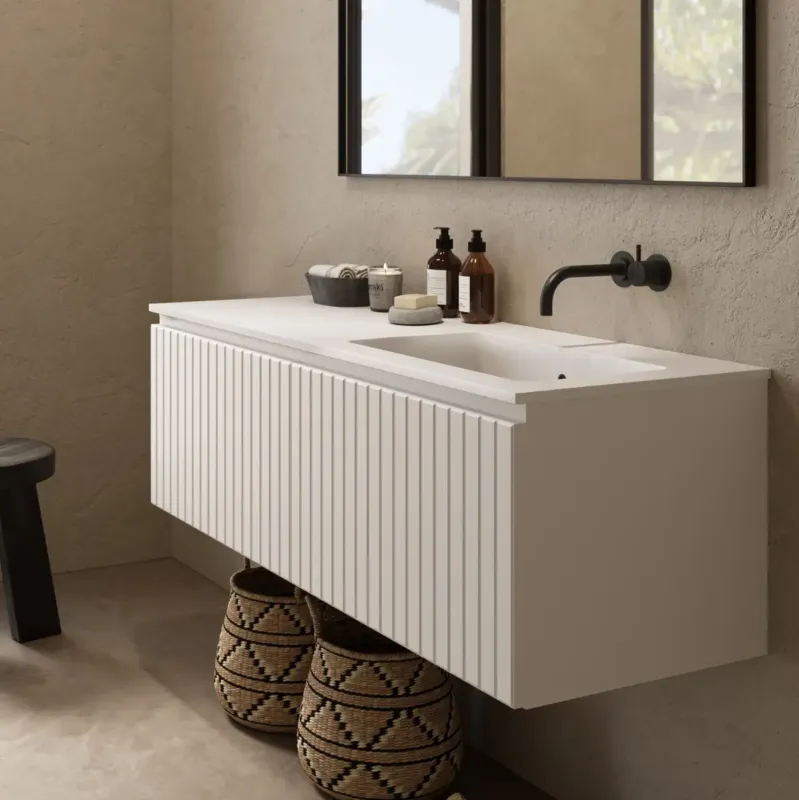 Fontana Astro badmeubel ribbelfront 120cm met wastafel rechts zonder kraangat wit mat Gereduceerde Prijs