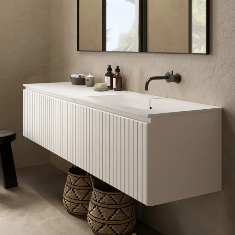 Fontana Astro badmeubel ribbelfront 160cm met wastafel rechts zonder kraangat wit mat Koop Vandaag