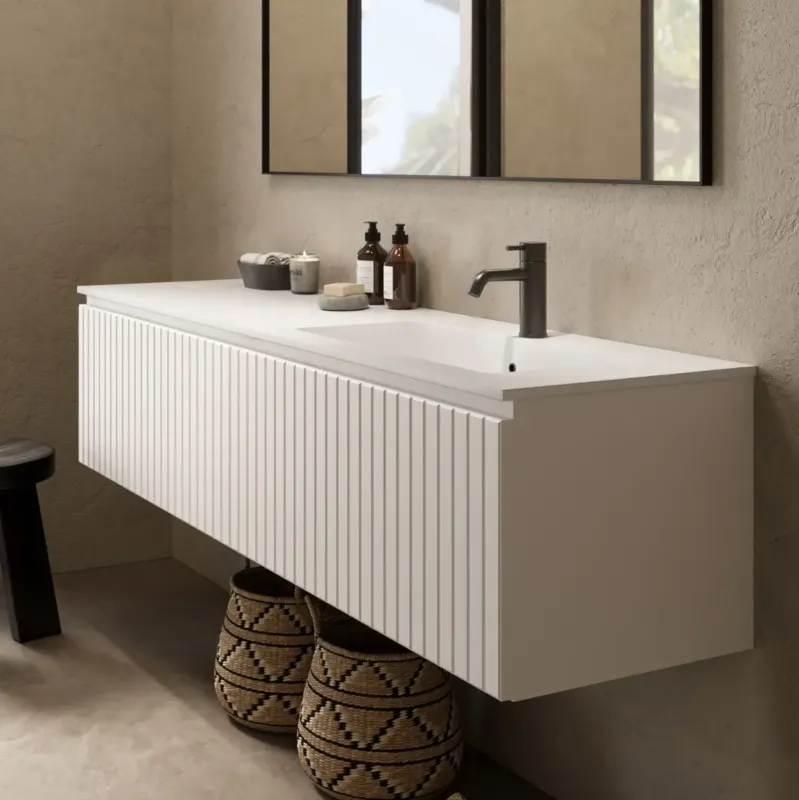 Fontana Astro badmeubel ribbelfront 160cm met wastafel rechts met kraangat wit mat Lage Prijs