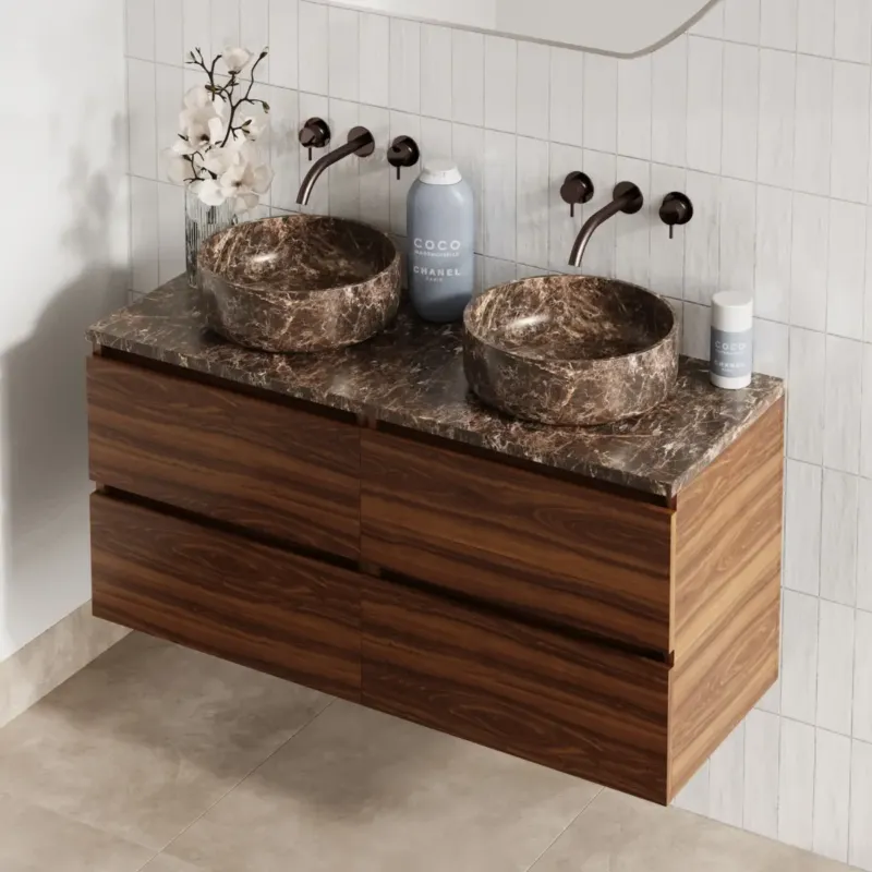 Veilige Betaling Fontana Dark Emperador badmeubel 120cm walnoot met ronde waskommen en toppaneel