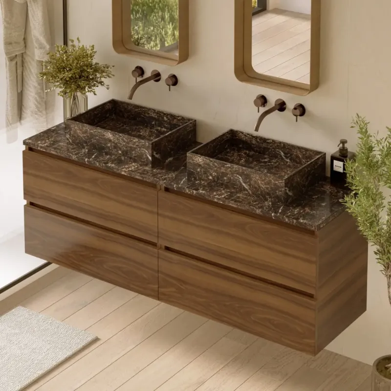 Direct Verzonden Fontana Dark Emperador badmeubel 160cm walnoot met rechthoekige waskommen en toppaneel