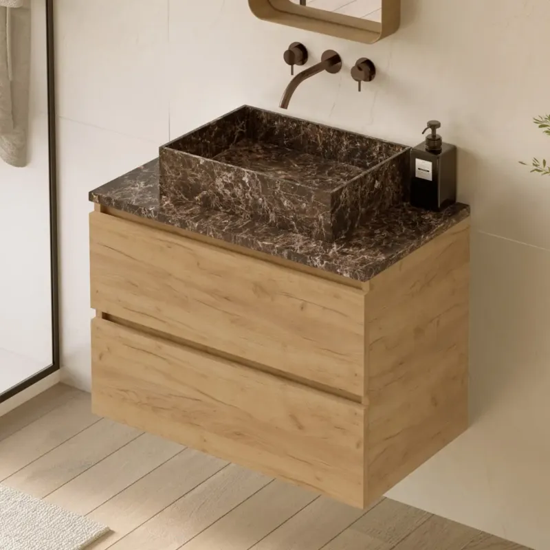 Actieprijs Fontana Dark Emperador badmeubel 80cm warm eiken met rechthoekige waskom en toppaneel