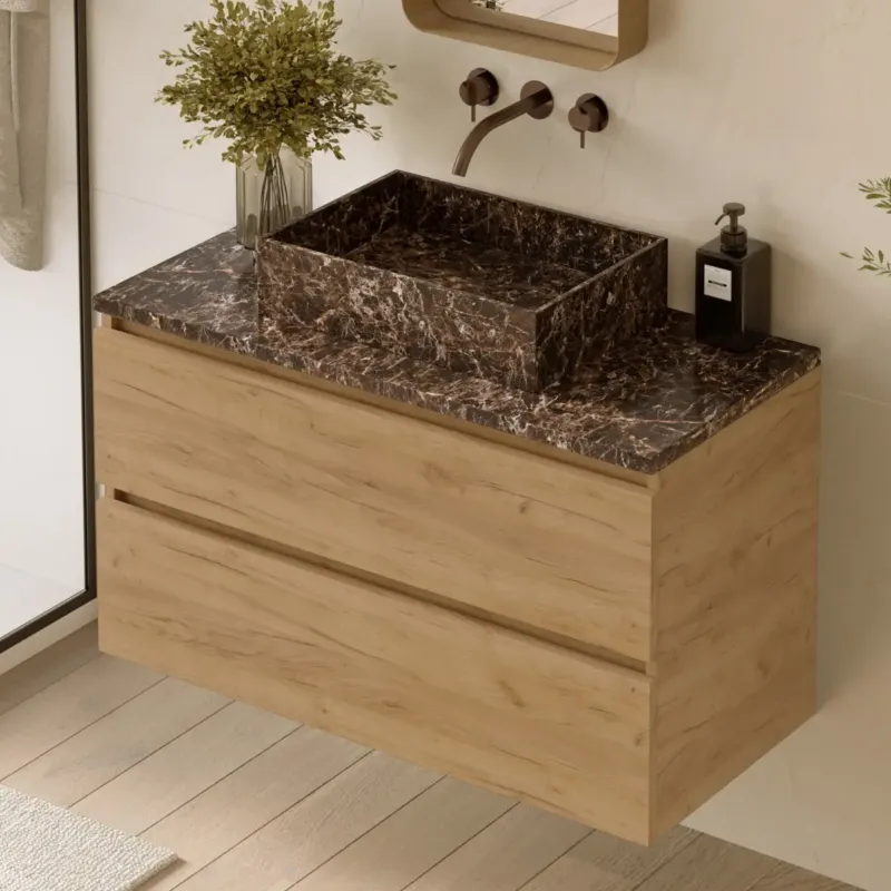 Fontana Dark Emperador badmeubel 100cm warm eiken met rechthoekige waskom en toppaneel Hoge Kwaliteit