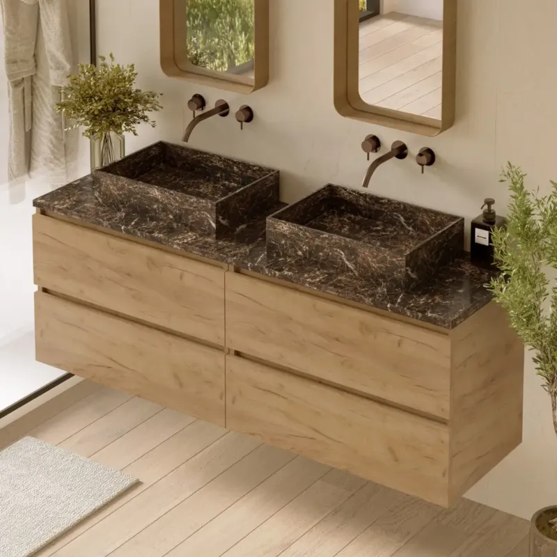 Fontana Dark Emperador badmeubel 160cm warm eiken met rechthoekige waskommen en toppaneel Koop Vandaag