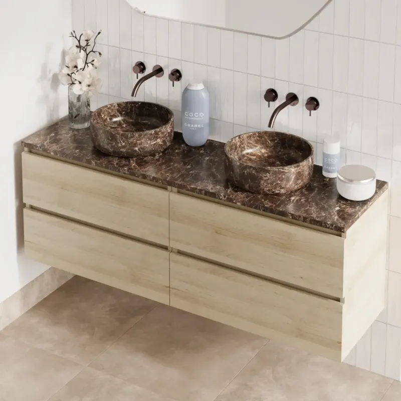 Speciale Aanbieding Fontana Dark Emperador badmeubel 160cm beach eiken met ronde waskommen en toppaneel