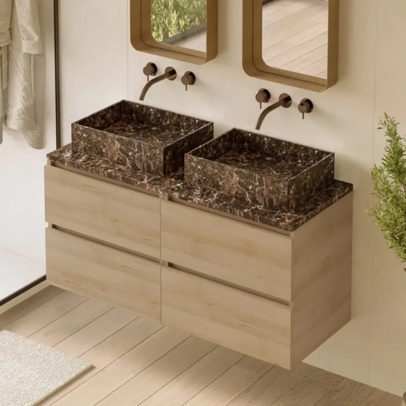 Fontana Dark Emperador badmeubel 120cm beach eiken met rechthoekige waskommen en toppaneel Beperkt Aanbod