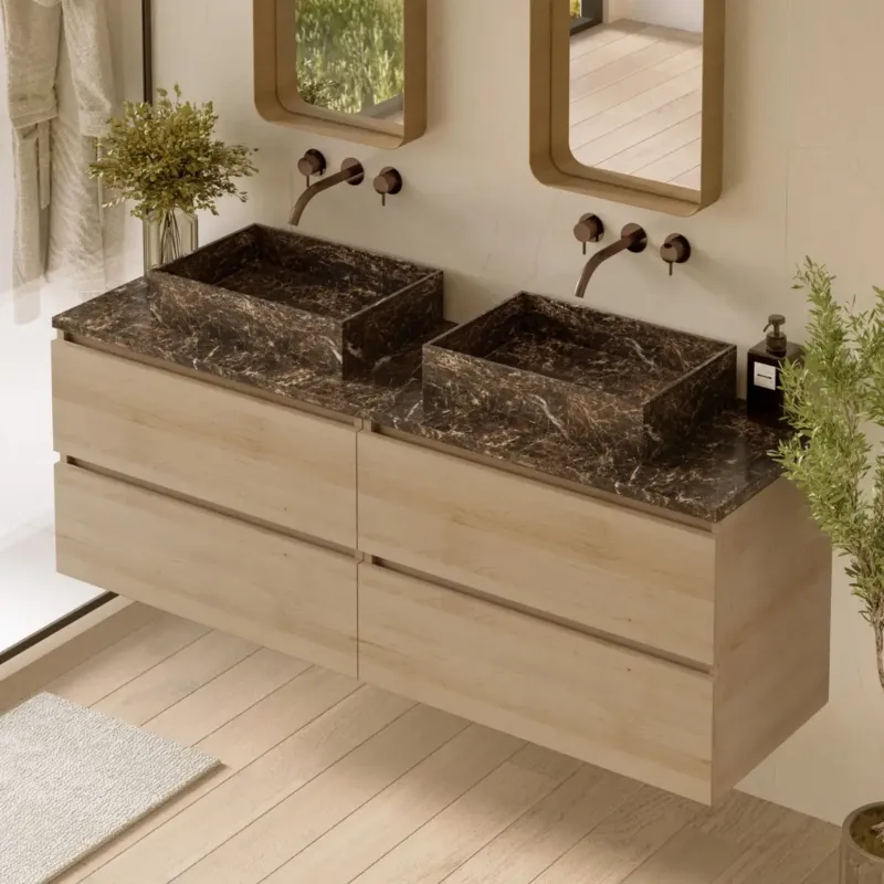 Fontana Dark Emperador badmeubel 160cm beach eiken met rechthoekige waskommen en toppaneel Snelle Levering