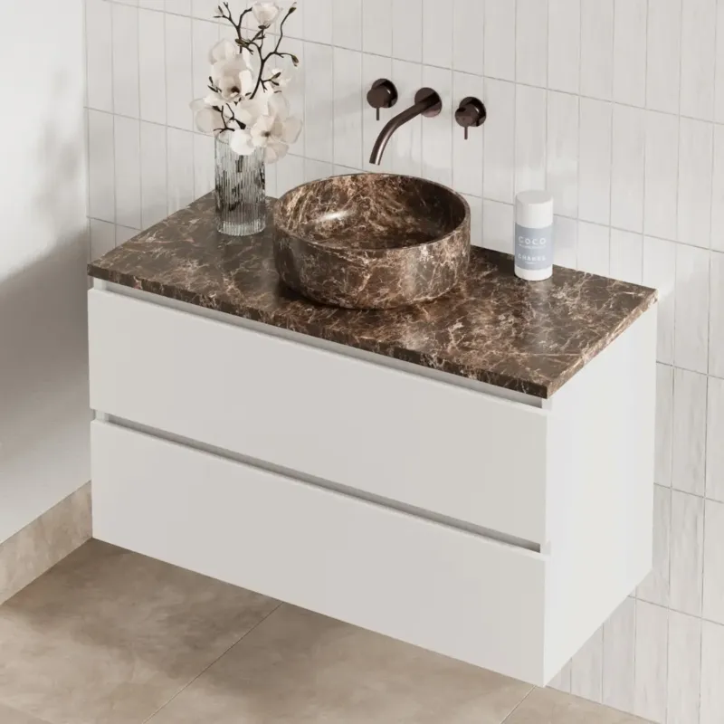 Fontana Dark Emperador badmeubel 100cm mat wit met ronde waskom en toppaneel Shop Nu