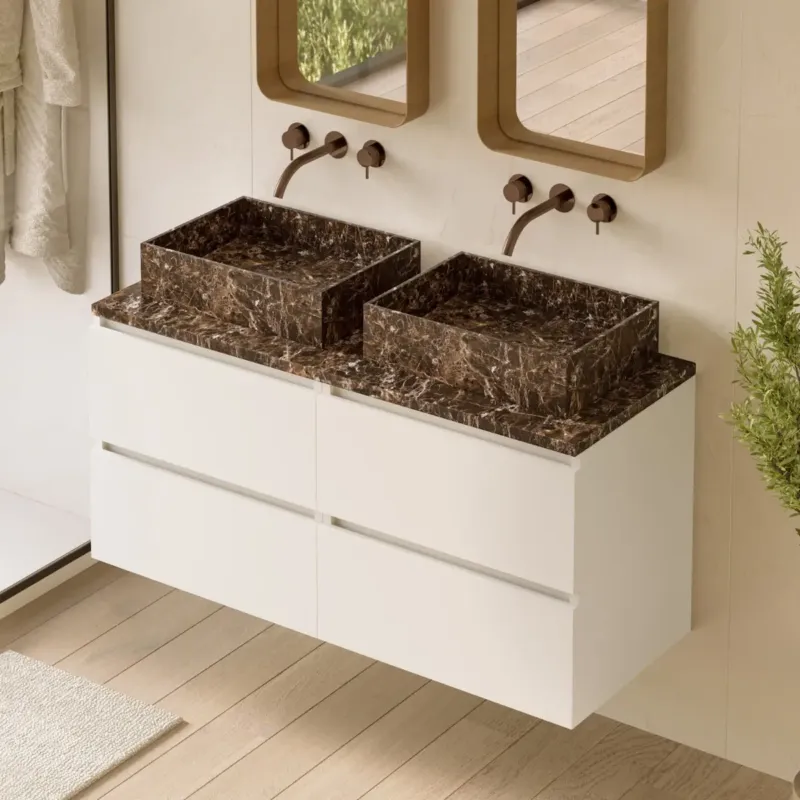 Fontana Dark Emperador badmeubel 120cm mat wit met rechthoekige waskommen en toppaneel Weekendaanbieding