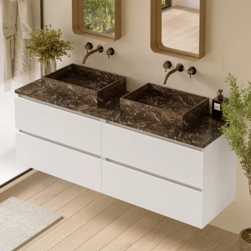 Fontana Dark Emperador badmeubel 160cm mat wit met rechthoekige waskommen en toppaneel Op = Op