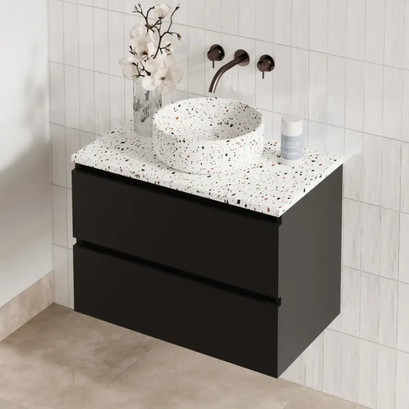 Fontana Terrazzo badmeubel 80cm mat zwart met ronde waskom en toppaneel Laatste Kans