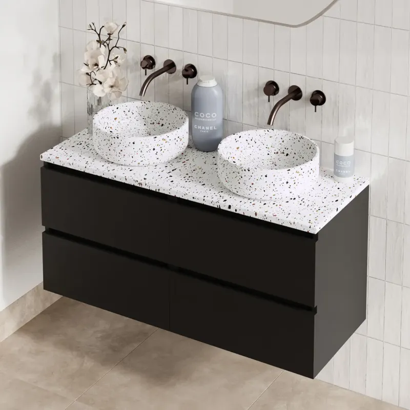 Fontana Terrazzo badmeubel 120cm mat zwart met ronde waskommen en toppaneel Premium