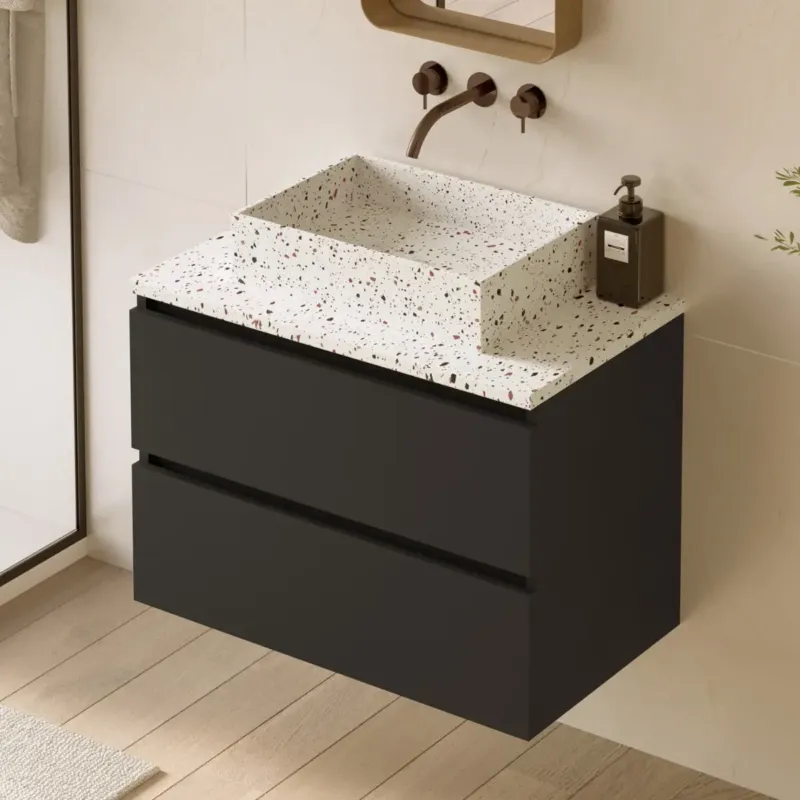 Beperkt Aanbod Fontana Terrazzo badmeubel 80cm mat zwart met rechthoekige waskom en toppaneel